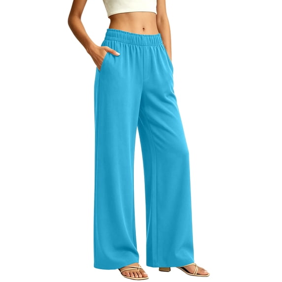 SELONE High Waisted Wide Leg Pants for Women Elastic Waist Trousers Ruched Lounge Trousers with Pockets Vacation Outfits