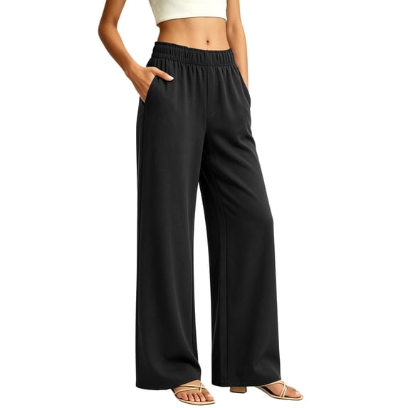 SELONE High Waisted Wide Leg Pants for Women Elastic Waist Trousers Ruched Lounge Trousers with Pockets Vacation Outfits