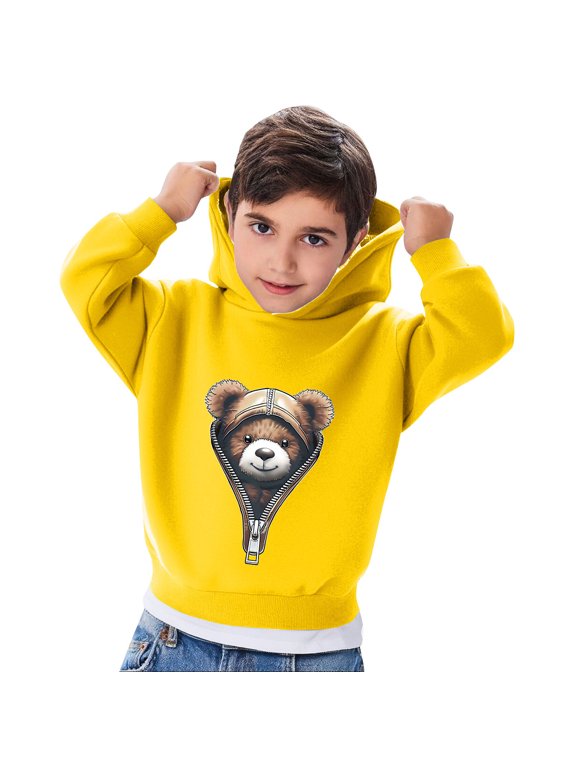 Hoodie Toddler Boy Long Sleeve Layering Top Ribbed Cuffs Bear Print Sweatshirts Comfy Fall Winter Outfits 2-7T
