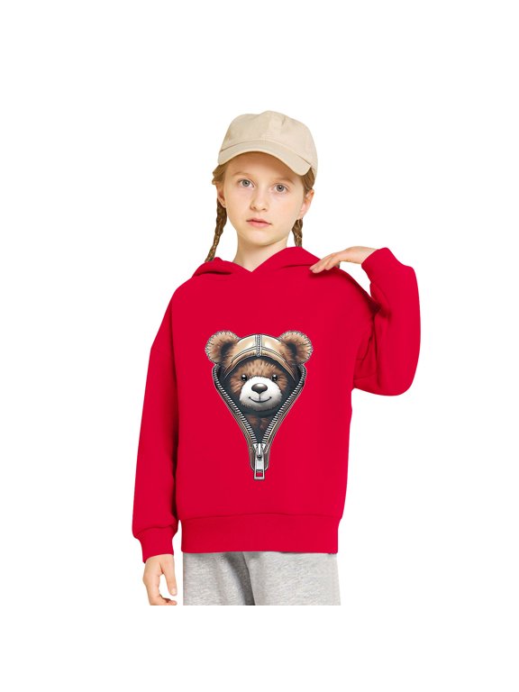 Hoodie Toddler Boy Long Sleeve Layering Top Ribbed Cuffs Bear Print Sweatshirts Comfy Fall Winter Outfits 2-7T