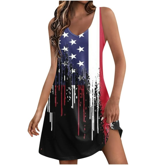 SELONE Women Summer Dress July 4 Sleeveless V Neck Midi American Themed Apparel Red White Blue Wear Clothes Gifts Activewear 2XL