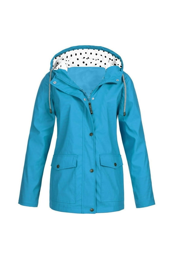 Jacket Rain for Women Windproof Waterproof Long Sleeve Coat Plus Size Hooded Neck Mid-Length Zip Up Single Breasted Jacket Loose Casual Solid Outerwear with Pockets Winter Overcoat Blue XS