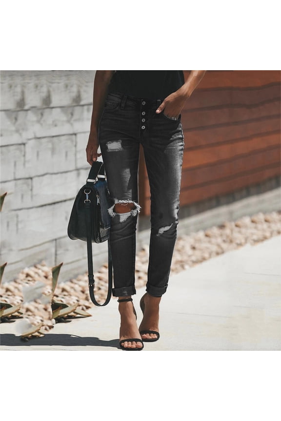 Jeans for Women Trendy High Waisted With Pockets Skinny Fitted Denim Ripped Trendy Long Pant Fashion Button Mid Waist Jeans Trousers Hole Pants for Casual Work Going Out Activities Black L