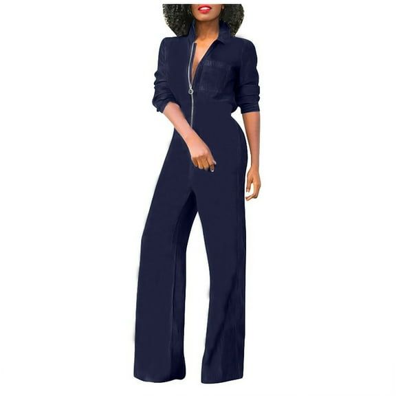 SELONE Jumpsuits for Women Casual Casual Long Sleeve Summer Suspender Long Pant Ladies Travel Comfortable Vacation Flowy Rompers Womens Jumpers and Rompers Casual V Neck Solid Color Dark Blue L