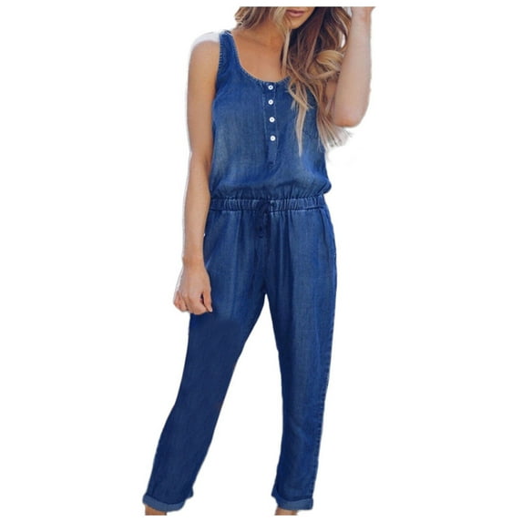 SELONE Jumpsuits for Women Casual Denim Jean Long Pant Sleeveless Ladies Travel Comfortable Vacation Fancy Jumpsuits for Women Cute Rompers for Women Casual Jumpsuits for Women Dark Blue M