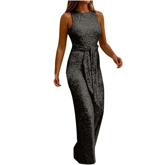 SELONE Jumpsuits for Women Casual Glitter Sequin Bandage Pants Sparkly Sleeveless Ladies Travel Comfortable 2023 Vacation Womens Jumpers and Rompers Casual Solid Color Zipper Lace Black XL