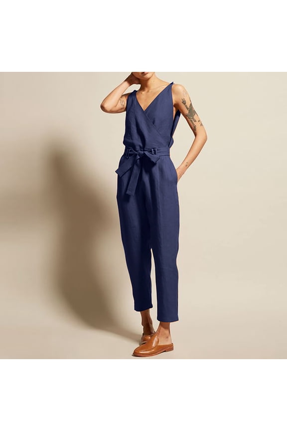 Jumpsuits for Women Casual Linen Summer Long Pant Ladies Travel Comfortable Vacation Flowy Rompers Jumpers and Rompers Casual Fashion Solid Color V Neck Lace Cotton and Linen Navy XXL