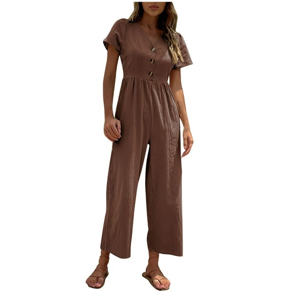 SELONE Jumpsuits for Women Casual Short Summer Long Pant Ladies Travel Comfortable 2023 Vacation Flowy Rompers Womens Jumpers and Rompers Casual Solid Color Short Sleeve V Neck Coffee M