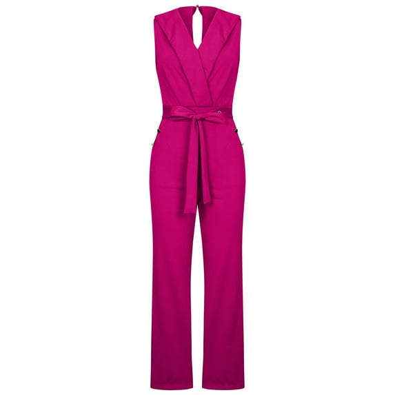 SELONE Jumpsuits for Women Casual Suspender Bandage Long Pant Sleeveless Ladies Travel Comfortable Vacation Jumpers and Rompers Casual Suit Collar Back Zipper with Pockets Hot Pink S