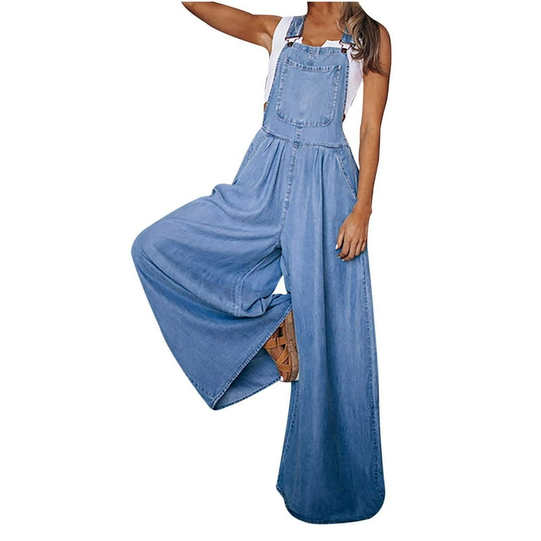 SELONE Jumpsuits for Women Dressy Casual Denim Wide Leg Jean Long Pant  Ladies Travel Comfortable 2023 Vacation Flowy Rompers Cute Rompers for Women  Casual Jumpsuits Solid Color with Pockets Blue M 