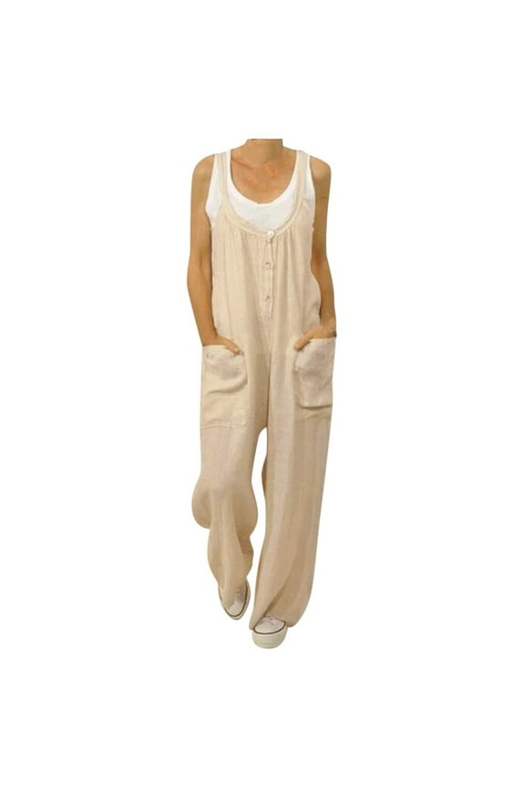 Jumpsuits for Women Dressy Suspender Long Pant Ladies Travel Comfortable Vacation Loose Rompers for Women Jumpers and Rompers Casual Fashion National Retro Solid Color Buttons Khaki XL