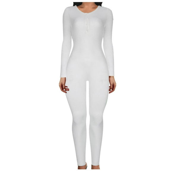 SELONE Jumpsuits for Women Long Sleeve Athletic Bodycon Workout Sports Long Pant Gym Ladies Travel Comfortable Vacation Jumpsuits Casual Casual Jumpsuits for Women Solid V Neck White M