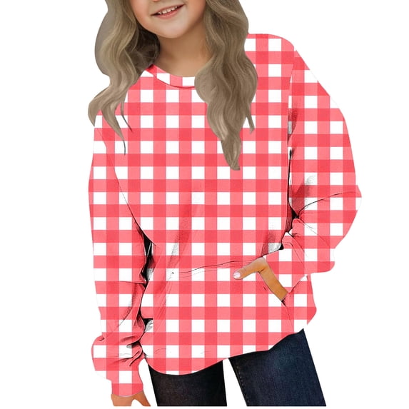 SELONE Kids Sweatshirts Pullover Long Sleeve Crew Neck Sweatshirts Plaid Pockets Pullover Top Fall Winter Clothes 2-12Y