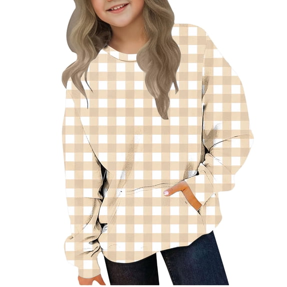 SELONE Kids Sweatshirts Pullover Long Sleeve Crew Neck Sweatshirts Plaid Pockets Pullover Top Fall Winter Clothes 2-12Y