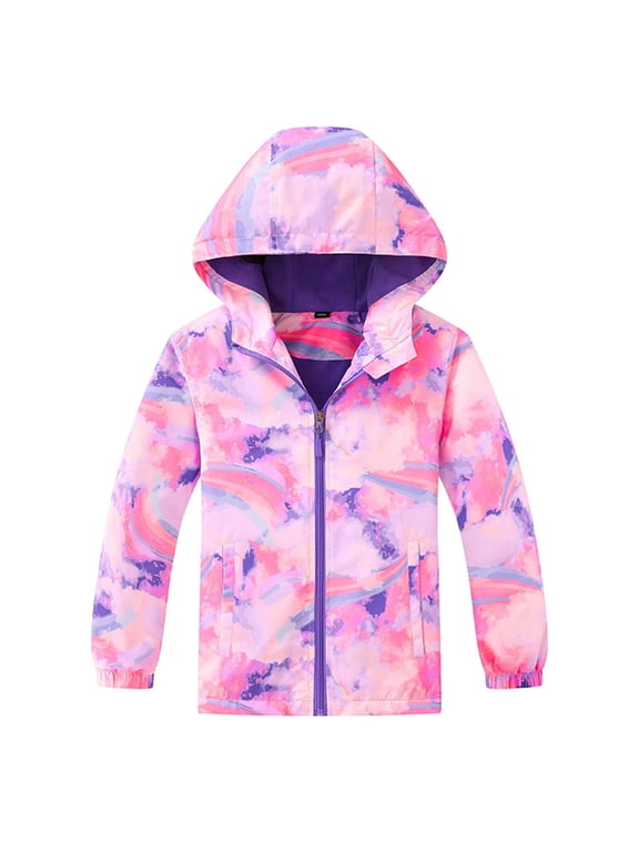 Kids Windproof Jacket with Pockets Hooded Fleece Lining Waterproof Windproof Zipper Rainbow Long Sleeve Fall Winter Coats Pink 4 Years