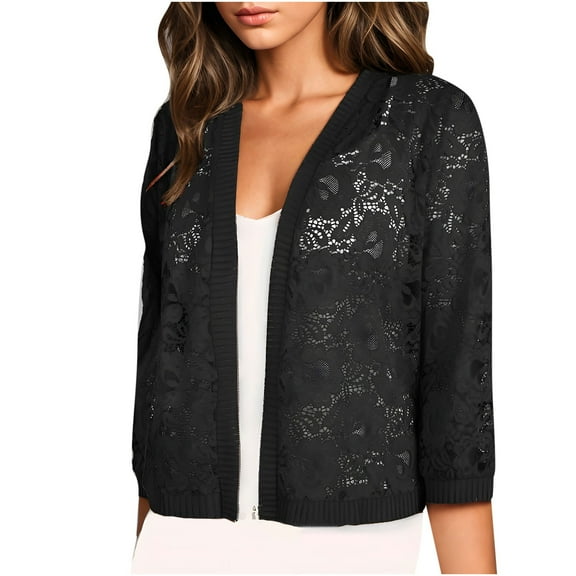 SELONE Lace Cardigan for Women 3/4 Sleeve Plus Size Cropped Open Front Cardigans Without Hoodie Solid Lightweight Beach Vacation Wear Black XL