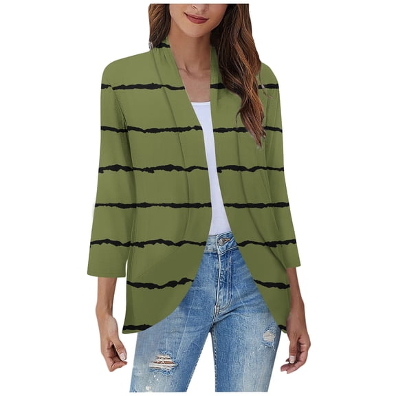 SELONE Lace Cardigan for Women 3/4 Sleeve Plus Size Regular Open Front Cardigans Without Hoodie Striped Lightweight Beach Vacation Wear Green S