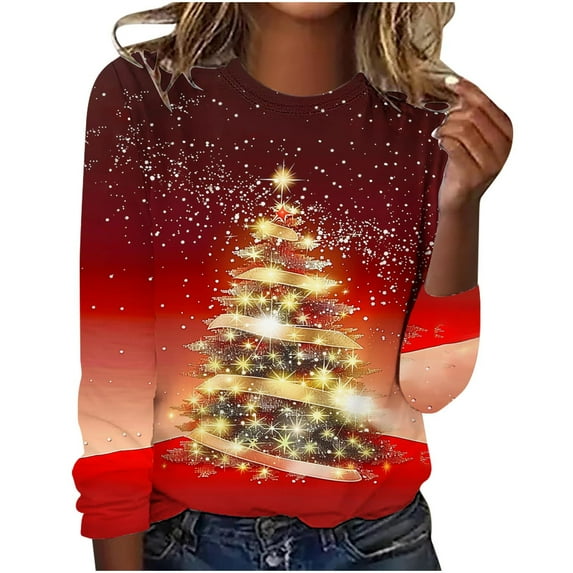 SELONE Plus Size Christmas Tops Women Printed Crewneck Pullover Long Sleeved Casual Tops Red 3XL