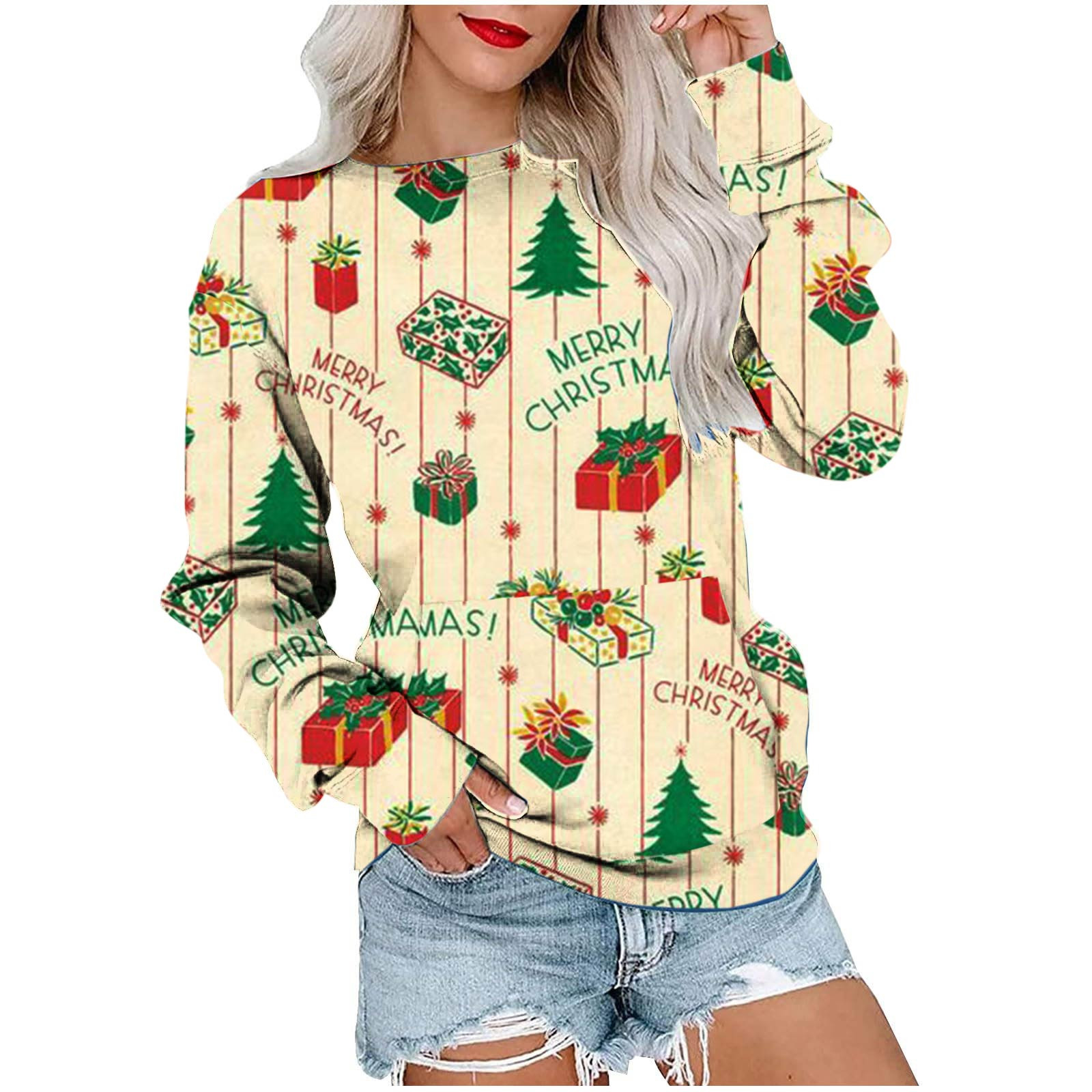 SELONE Ladies Crewneck Christmas Sweatshirts Pullover No Zipper Long