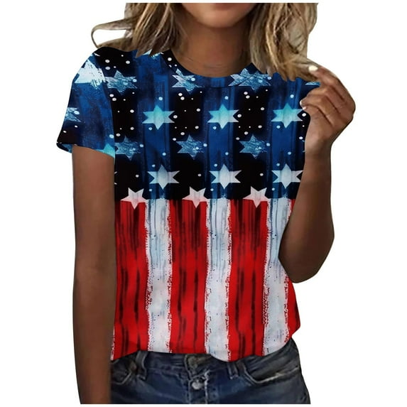SELONE Ladies Short Sleeve Tops USA Flag Themed Crewneck Fourth of July Apparel Red White Blue Wear Clothes Gifts Activewear L