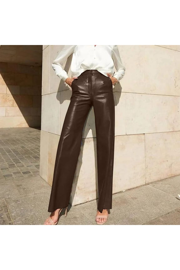 Leather Pants for Women High Waist Brown Trousers with Pockets Leather Faux Full Length Lounge Pants Casual Long Trendy Pants Pull on Solid Straight Lightweight Comfortable L Summer Clothes