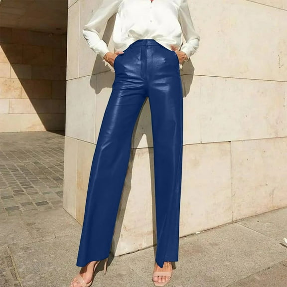 SELONE Leather Wide Leg Pants Women High Waist Trousers with Pockets Leather Faux Full Length Lounge Pants Casual Long Trendy Pants Pull on Solid Straight Leg Lightweight Comfy Blue L Summer Clothes