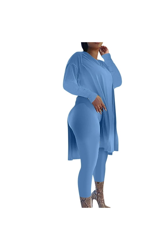 Legging Sets For Women 2 Piece Long Sleeve Plus Size Pullover Tops Long Leggings Tunic Crew Neck Sweat Suits Skinny Workout Solid Gym Sets Two Piece Set Fall Wintern Clothes Blue
