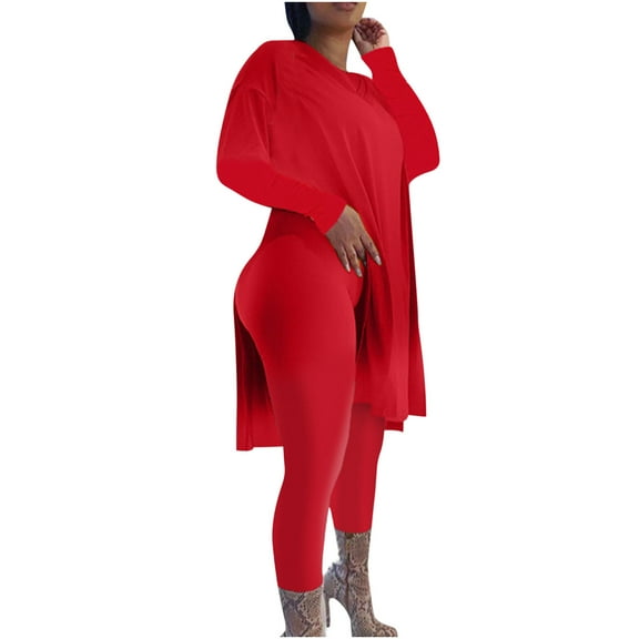 SELONE Legging Sets For Women 2 Piece Long Sleeve Pullover Tops Long Leggings Oversized Crew Neck Sweat Suits Skinny Workout Outfits Solid Gym Sets Two Piece Set Streetwear Fall Wintern Clothes Red