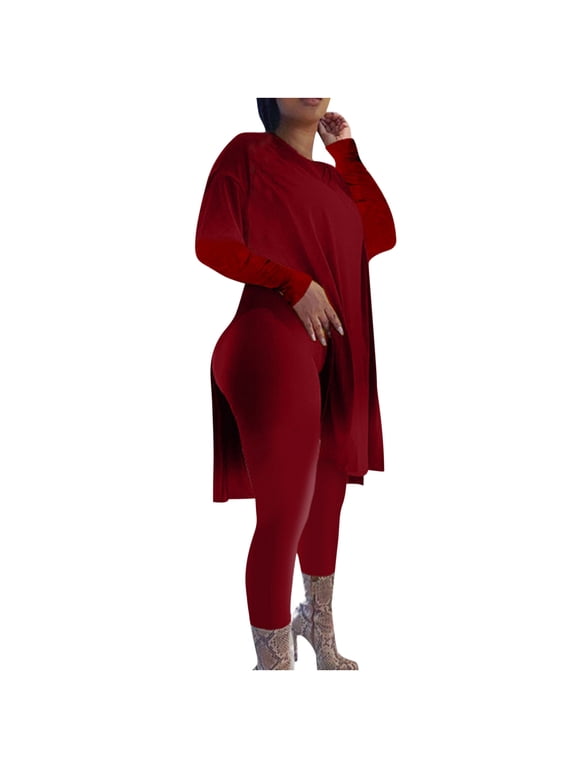 Legging Sets For Women 2 Piece Long Sleeve Pullover Tops Long Leggings Oversized Crew Neck Sweat Suits Skinny Workout Outfits Solid Gym Sets Two Piece Set Streetwear Fall Wintern Clothes Wine