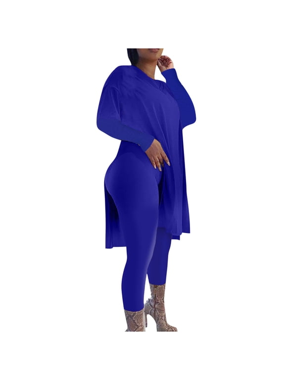 Legging Sets For Women 2 Piece Long Sleeve Pullover Tops Long Leggings Oversized Crew Neck Sweat Suits Skinny Workout Solid Gym Sets Two Piece Set Fall Wintern Clothes Dark Blue