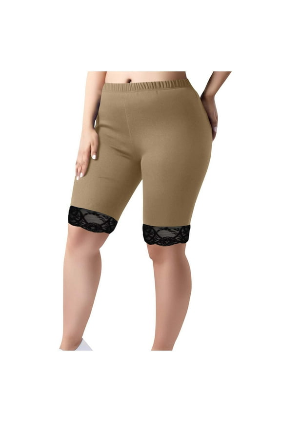 Legging Shorts for Women Mid Waist Plus Size Lace Elastic Waist Shorts Curvy Slim Casual Workout Pants for Work out Pull on Solid Yoga Short Length Lightweight Khaki L Breathable Gym Clothes