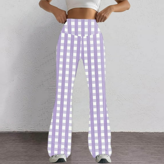 SELONE Leggings for Women Flare Mid Waist Plus Size Gym Leggings Full Length Summer Pants Curvy Casual Long Flare Vacation Pants Pull on Plaid Yoga Lightweight Comfy Purple 2XL Breathable Beach Pants