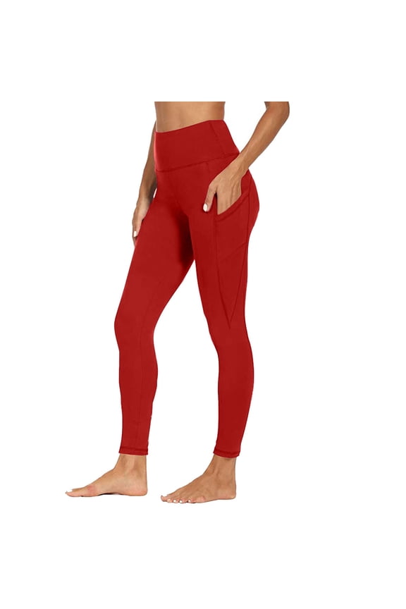 Leggings for Women Plus Size Mid Waist with Pockets Full Length Curvy Slim Casual Long Workout Pants for Work out Pull on Solid Yoga Lightweight Comfy Red XL Breathable Butt Lift Gym Clothes