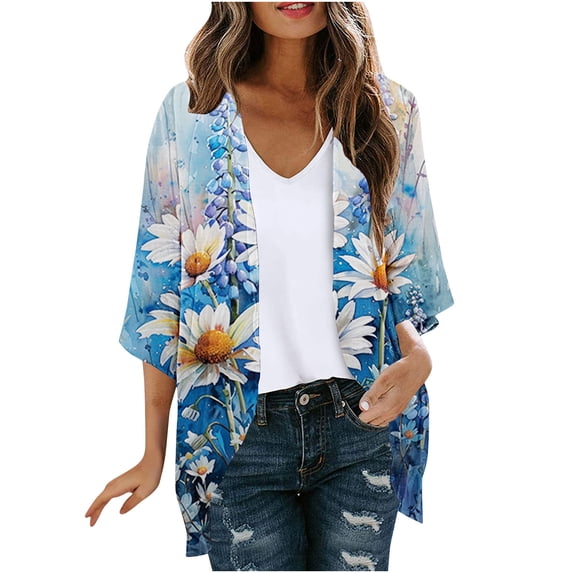 SELONE Lightweight Cardigans for Women 3/4 Sleeve Regular Open Front Cardigans Without Hoodie Flowers Beach Vacation Wear Multicolor XL