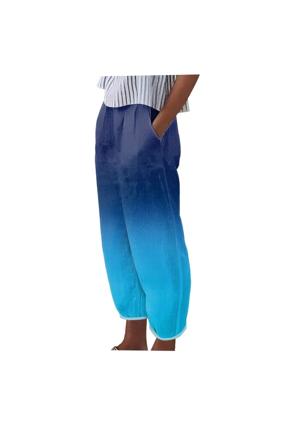 Lightweight Pants Womens Pockets High Waist Plus Size Lounge Pants Elastic Waist Cropped Trouser Loose Casual Long Beach Pants Gradient Print Straight Blue 2XL Tall Breathable Summer Clothes