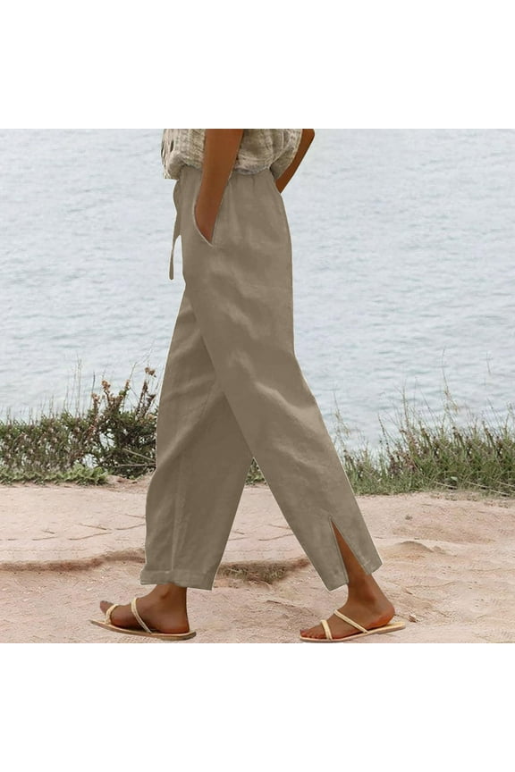 Lightweight Summer Pants Women Mid Waist Plus Size Lounge Pants Cotton Elastic Waist Cropped Trouser Pants Casual Beach Pants Drawstring Solid Tapered Comfy Beige M Tall Breathable Clothes