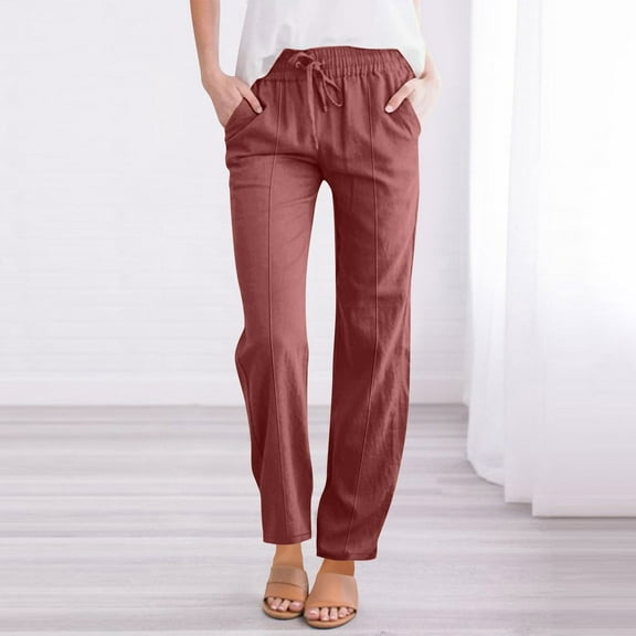 SELONE Lightweight Summer Pants Women Mid Waist Plus Size Lounge Pants Cotton Linen Cropped Trouser Pants Loose Casual Long Beach Pants Pull on Solid Straight Comfy Purple M Tall Breathable Clothes