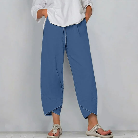SELONE Lightweight Summer Pants Women Mid Waist Plus Size Lounge Pants Cropped Trouser Pants Loose Casual Beach Pants Pull on Solid Soft Straight Leg Comfortable Blue M Breathable Clothes