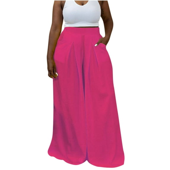 SELONE Linen Palazzo Pants for Women With Pockets High Waist High Rise Plus Size Wide Leg Casual Long Pant Fashion Pants for Everyday Wear Running Errands Going to Work Casual Event Hot Pink L