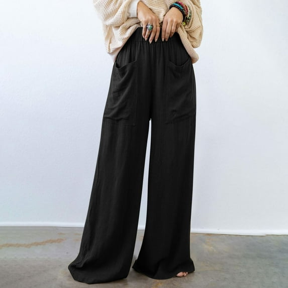 SELONE Linen Pants Petite Woman Mid Rise with Pockets Cotton Linen Casual Pants Ankle Length Baggy Fashion Clothes Black XL