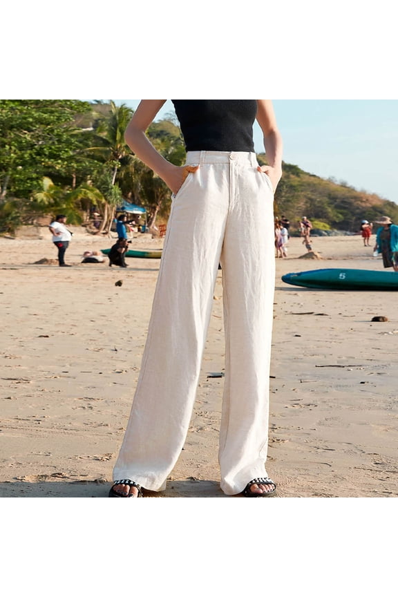 Linen Pants for Women Beach With Pockets High Waist High Rise Casual Long Pant Straight Leg Fashion Comfortable Solid Color Leisure Pants Loose Pants for Everyday Wear Running Work Beige L