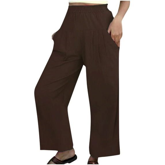 SELONE Linen Pants for Women Beach With Pockets Wide Leg Trendy Casual Long Pant Fashion Comfortable Solid Color Leisure Pants Loose Pants for Everyday Wear Running Work Casual Event Coffee XXXL