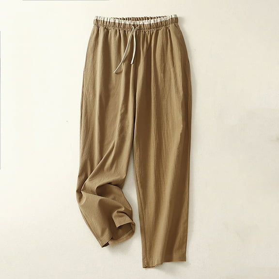 SELONE Linen Pants for Women Drawstring Wide Leg Casual Slim Fit Linen Long Pant Fashion Solid Buttons Cotton And Loose Trouser Pants for Everyday Wear Running Errands Work Casual Event Khaki XXL