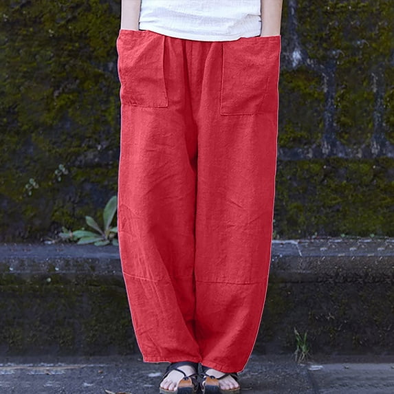 SELONE Linen Pants for Women High Waist Beach With Pockets Baggy Trendy Casual Linen Long Pant Fashion Cotton Solid Loose Pants for Everyday Wear Running Errands Work Casual Event Wine L