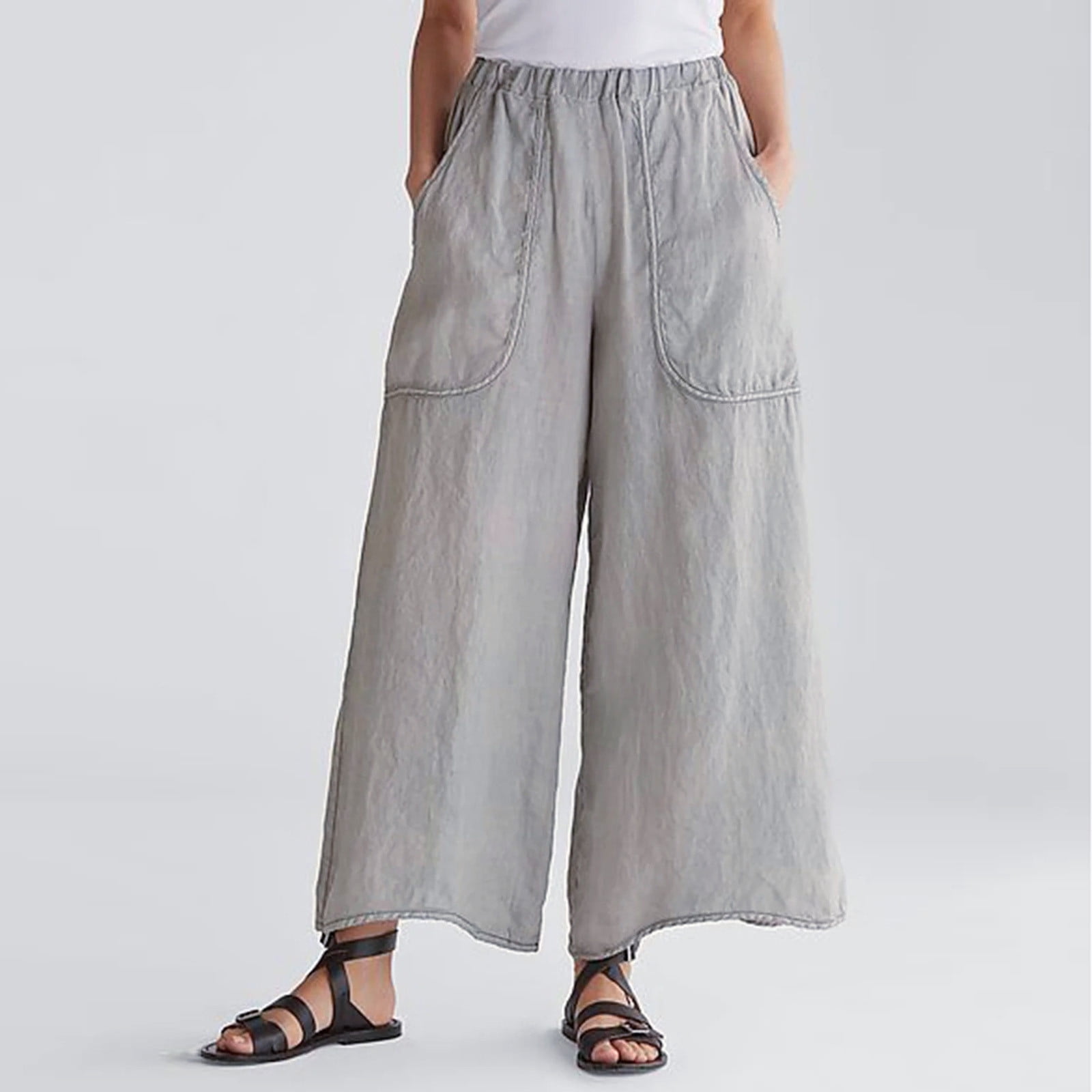 SELONE Linen Pants for Women High Waist Beach With Pockets Baggy Elastic  Waist Casual Linen Long Pant Ladies Solid Color Cotton And Big Pants for