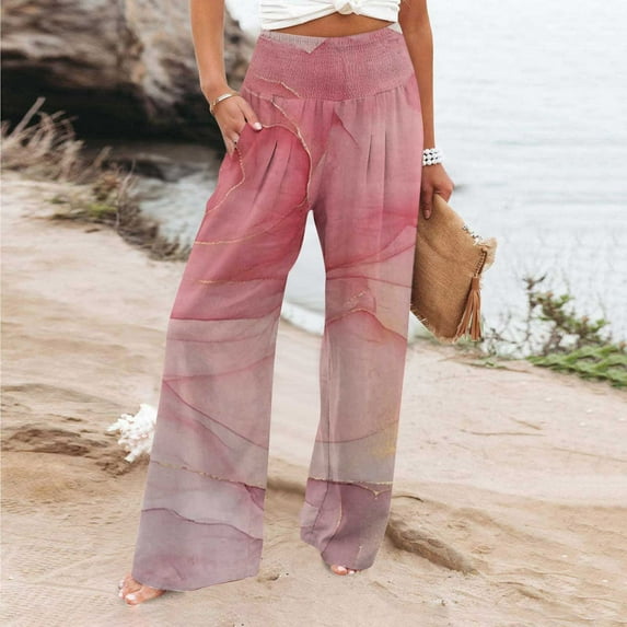 SELONE Linen Pants for Women High Waist High Waist High Rise Baggy Wide Leg Casual Printed Straight Leg Loose Pants Pants Pants for Everyday Wear Running Errands Work Casual Event Pink M