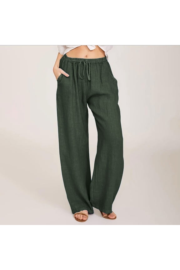 Linen Pants for Women High Waist Petite Drawstring With Pockets Baggy Wide Leg Casual Long Pant Trousers Solid Waist for Everyday Wear Running Work Casual Event Army Green XL
