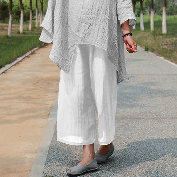 SELONE Linen Pants for Women High Waist Plus Size With Pockets Baggy Elastic Waist Casual Linen Long Pant Ladies Solid Color Cotton And Big Pants for Everyday Wear Running Work White S