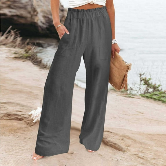 SELONE Linen Pants for Women High Waist Plus Size With Pockets High Waist High Rise Baggy Wide Leg Casual Straight Leg Loose Pants Pants Solid Pants for Everyday Wear Running Work Gray M