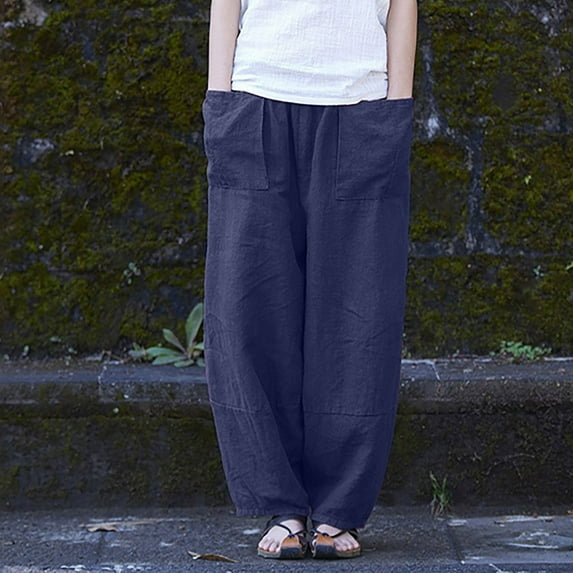 SELONE Linen Pants for Women High Waist Plus Size With Pockets Baggy Trendy Casual Linen Long Pant Fashion Cotton Solid Loose Pants for Everyday Wear Running Work Casual Event Dark Blue XL